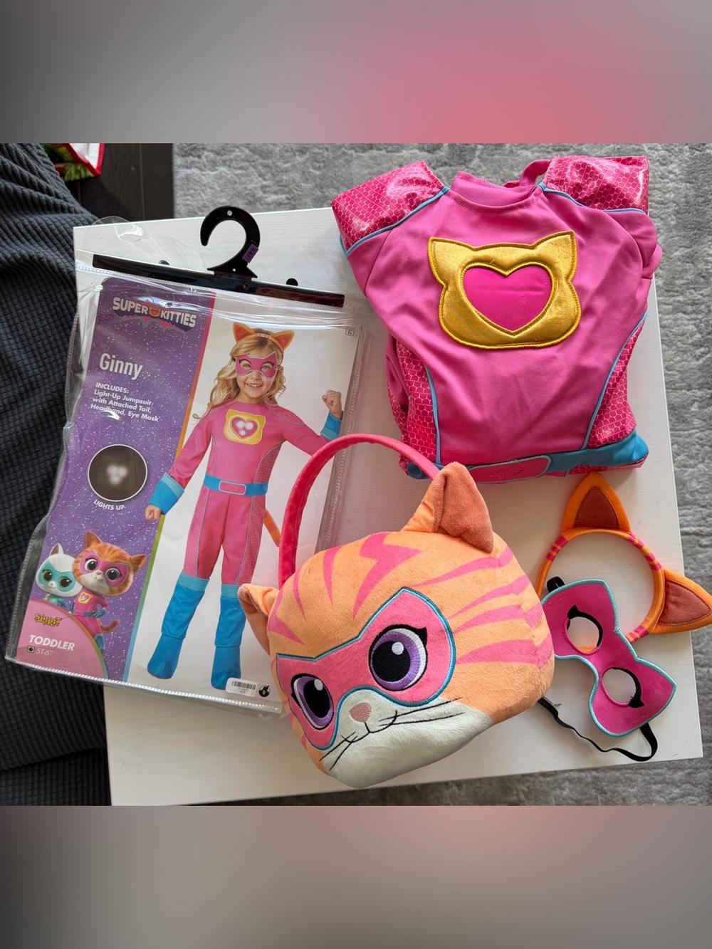 Spirit Halloween SuperKitties Ginny Costume Bundle w/ Plush Pail (Size 5T-6T)